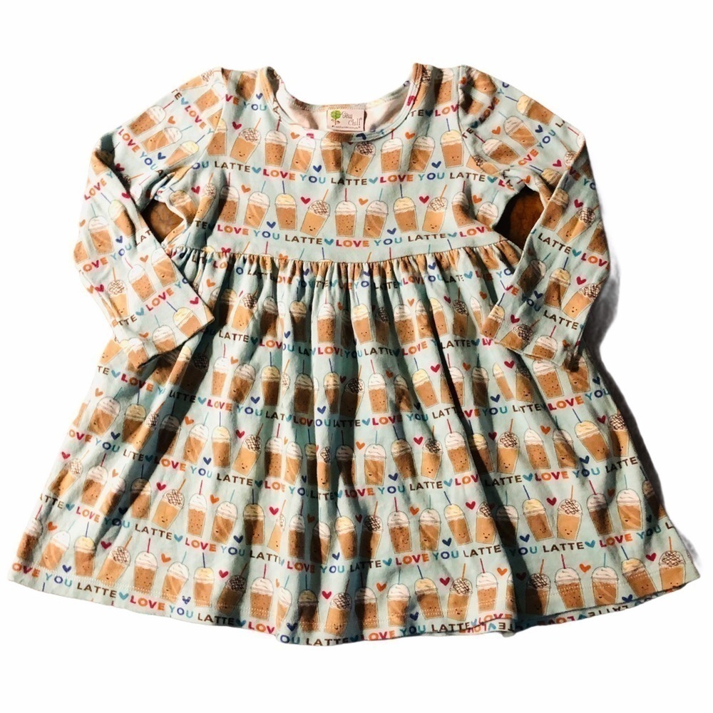 ICED LATTE DRESS BY SEW CHILL - LIGHT BLUE WITH LATTE DRINK PATTERN DRESS SZ 6
